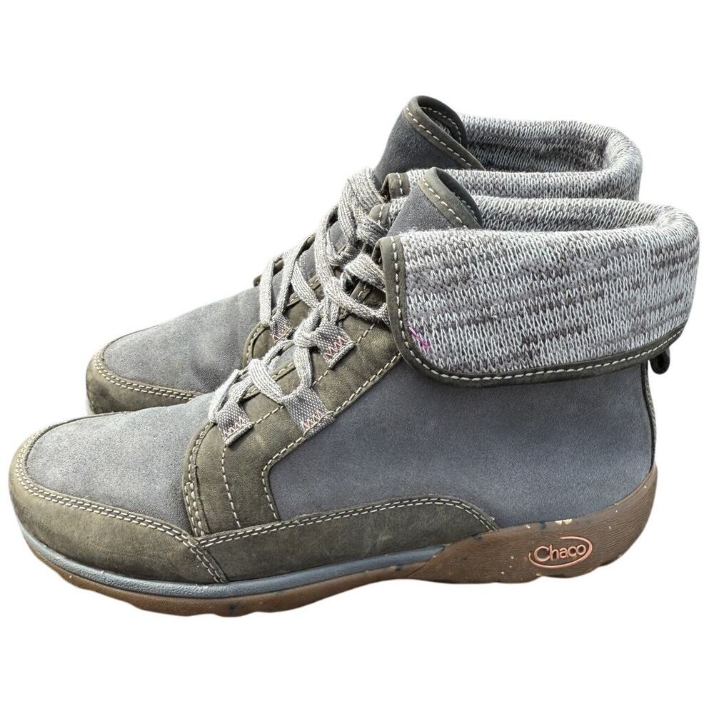 Chaco Women’s Gray Suede Ankle Hiking Boots Size 8M Lace-Up Knit Cuff Outdoor - Picture 3 of 6